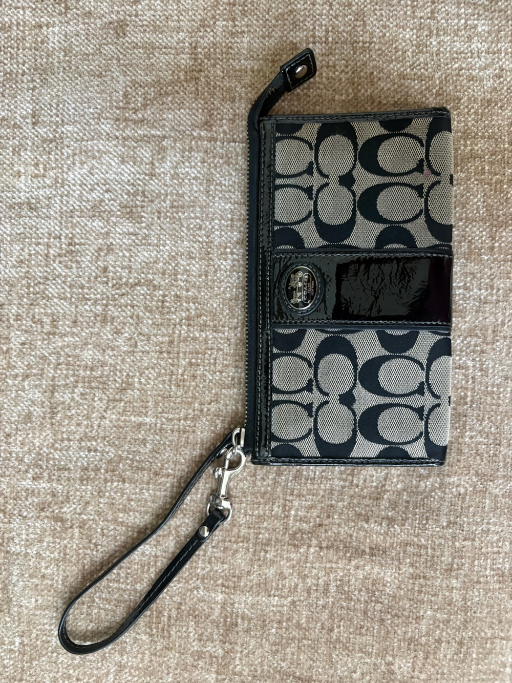 Coach Signature Stripe Wristlet Grey & Blacj with silver hardware